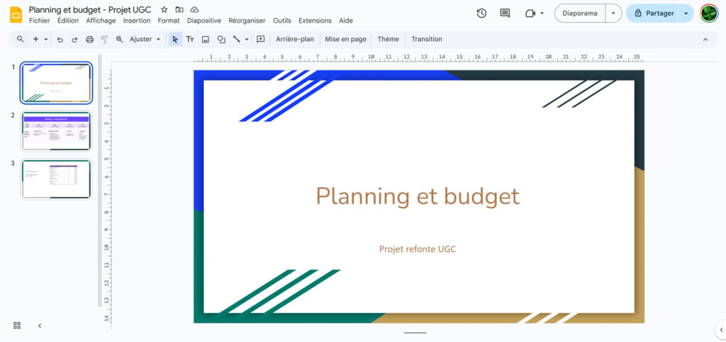 Image d'un slide avec le planning et le budget de la marque.