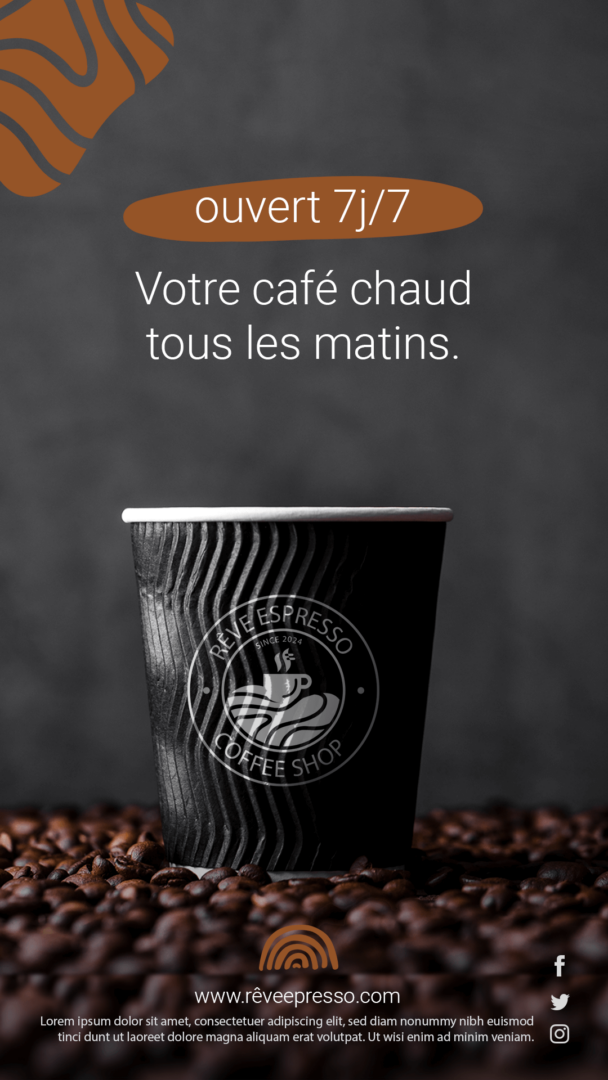 Rêve espresso ouvert 7j/7 affiche publicitaire