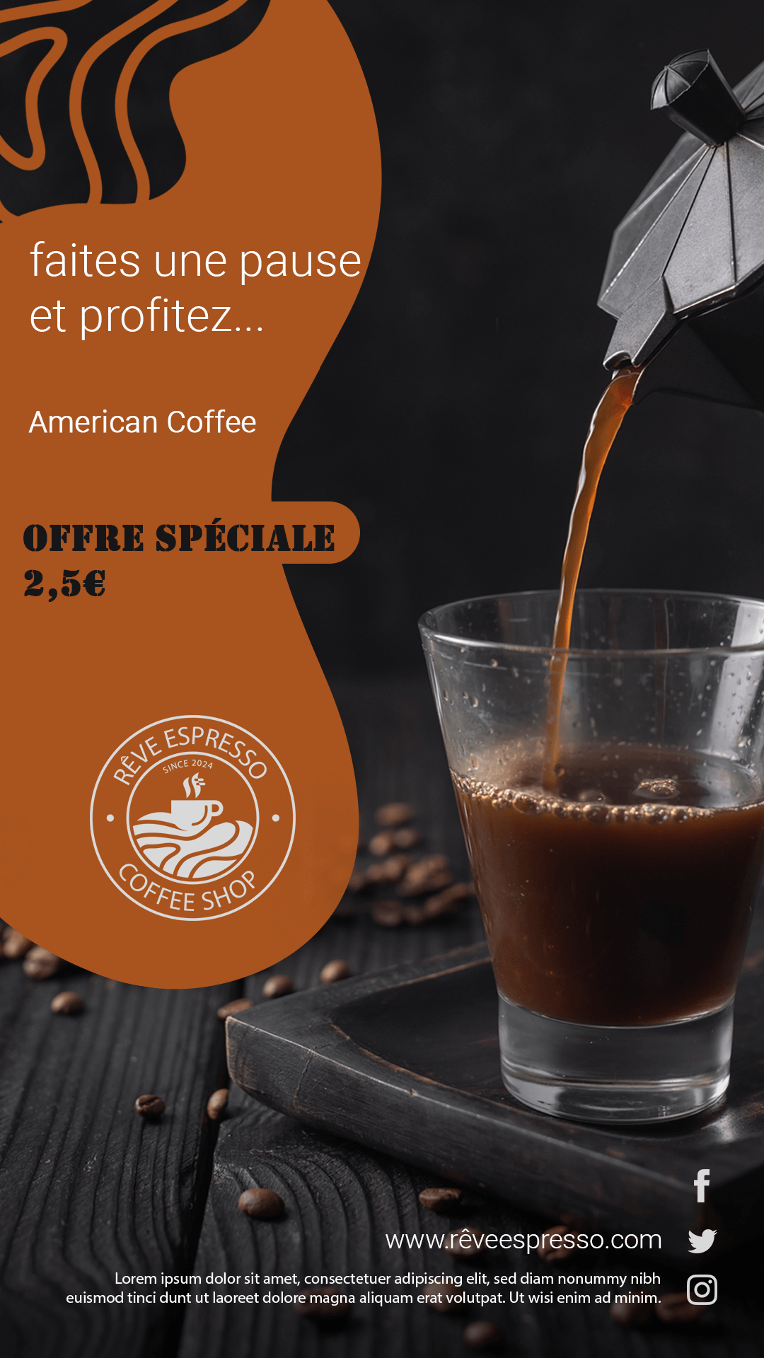 Rêve espresso offre spéciale pour le café américain affiche publicitaire