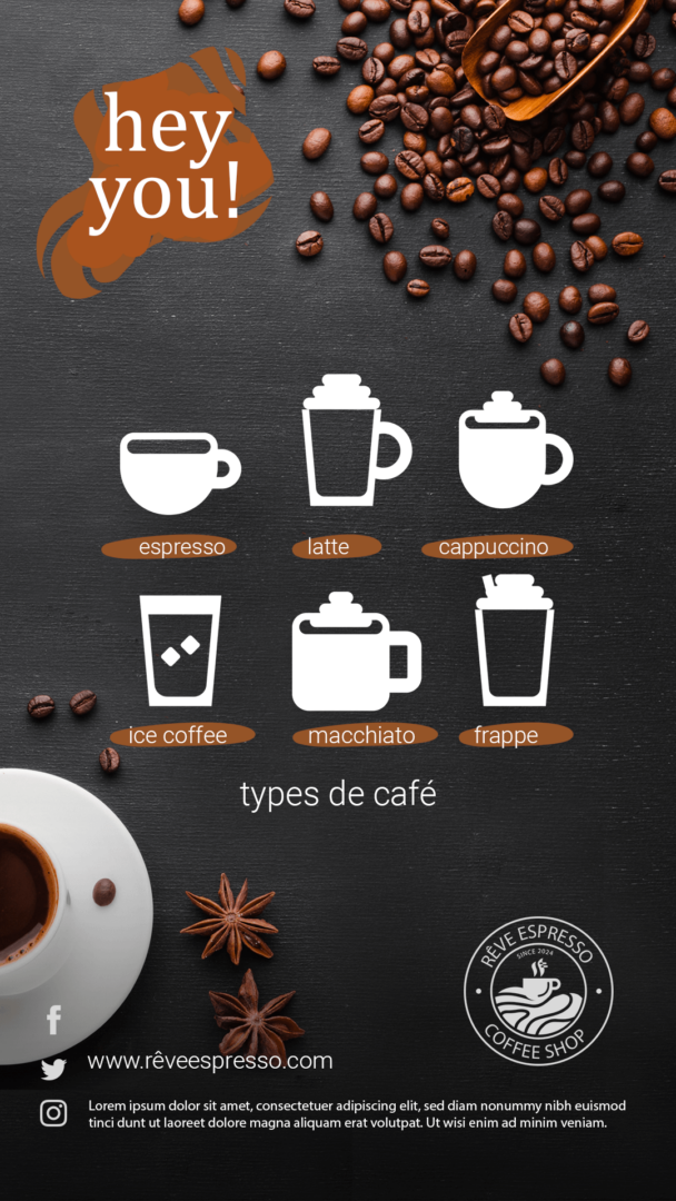 Rêve espresso tous les cafés proposés affiche publicitaire