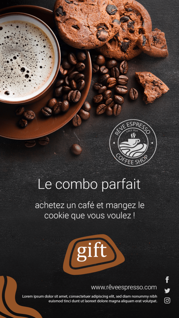 Rêve espresso le combo parfait, café et cookie affiche publicitaire